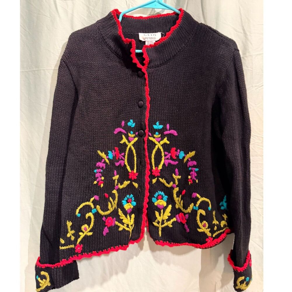 Vintage 90s Clio Petites PL Black Ramie Cotton Floral Embroidered Cardigan